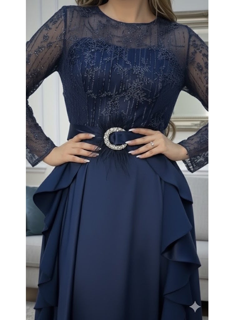 FULL JOY Elegant Maxi Dress with Sheer Lace Bodice, Long Sleeves And  Waist Belt,Fashion Dress. - Image 2
